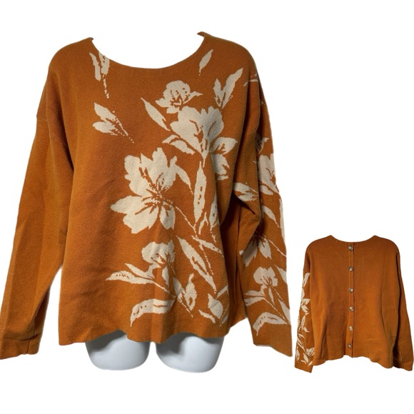 Joie Burnt Orange Floral Jacquard Sweater Button Back XL Boxy Cropped Pullover - Picture 1 of 8